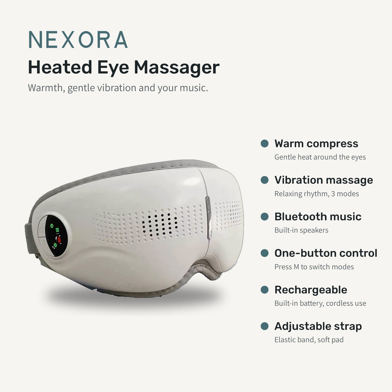 Nexora heated eye massager features: warm compress, vibration massage in 3 modes, Bluetooth music through built-in speakers, one-button control, rechargeable for cordless use, adjustable strap