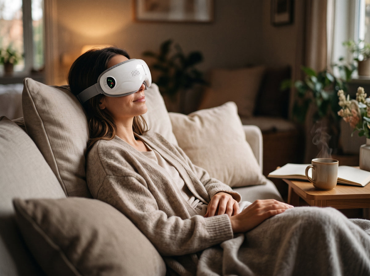 Woman relaxing on the sofa with the Nexora Premium Quality Heated Eye Massager