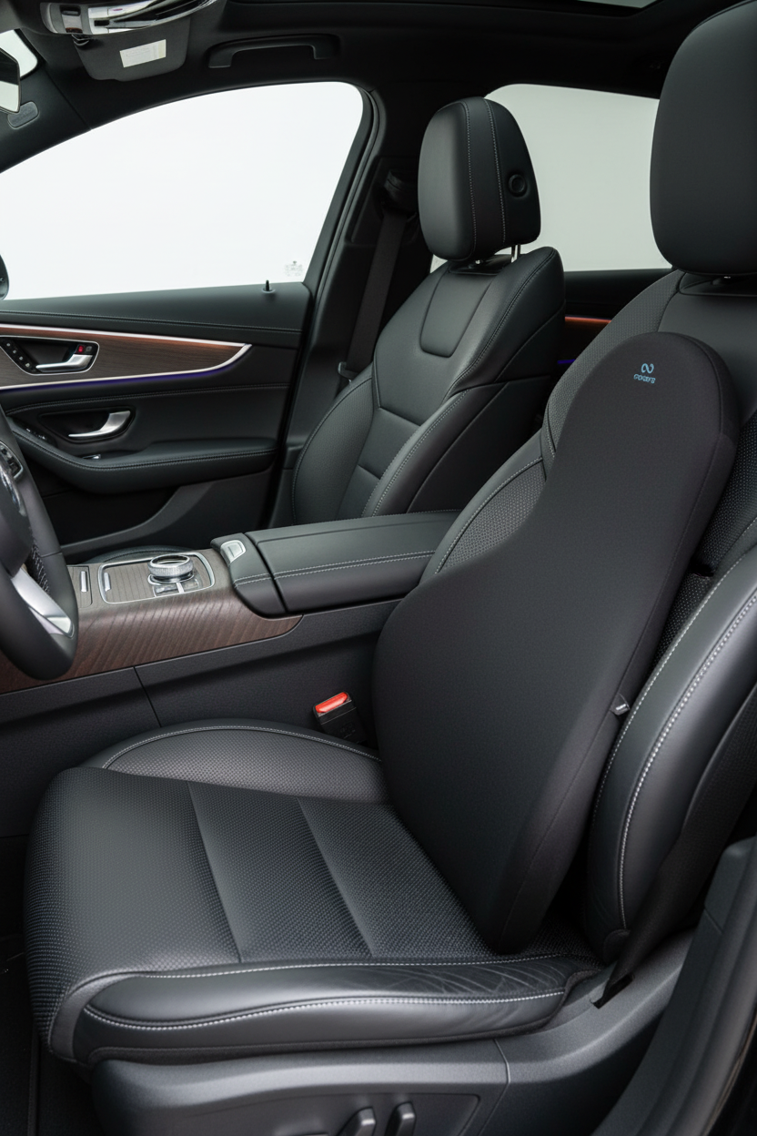 SpinePro lumbar cushion secured to a car seat