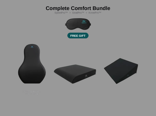 Nexora Complete Comfort Bundle — SpinePro, SeatPro, KneePro specs, $199.99 price, free Eye Mask gift
