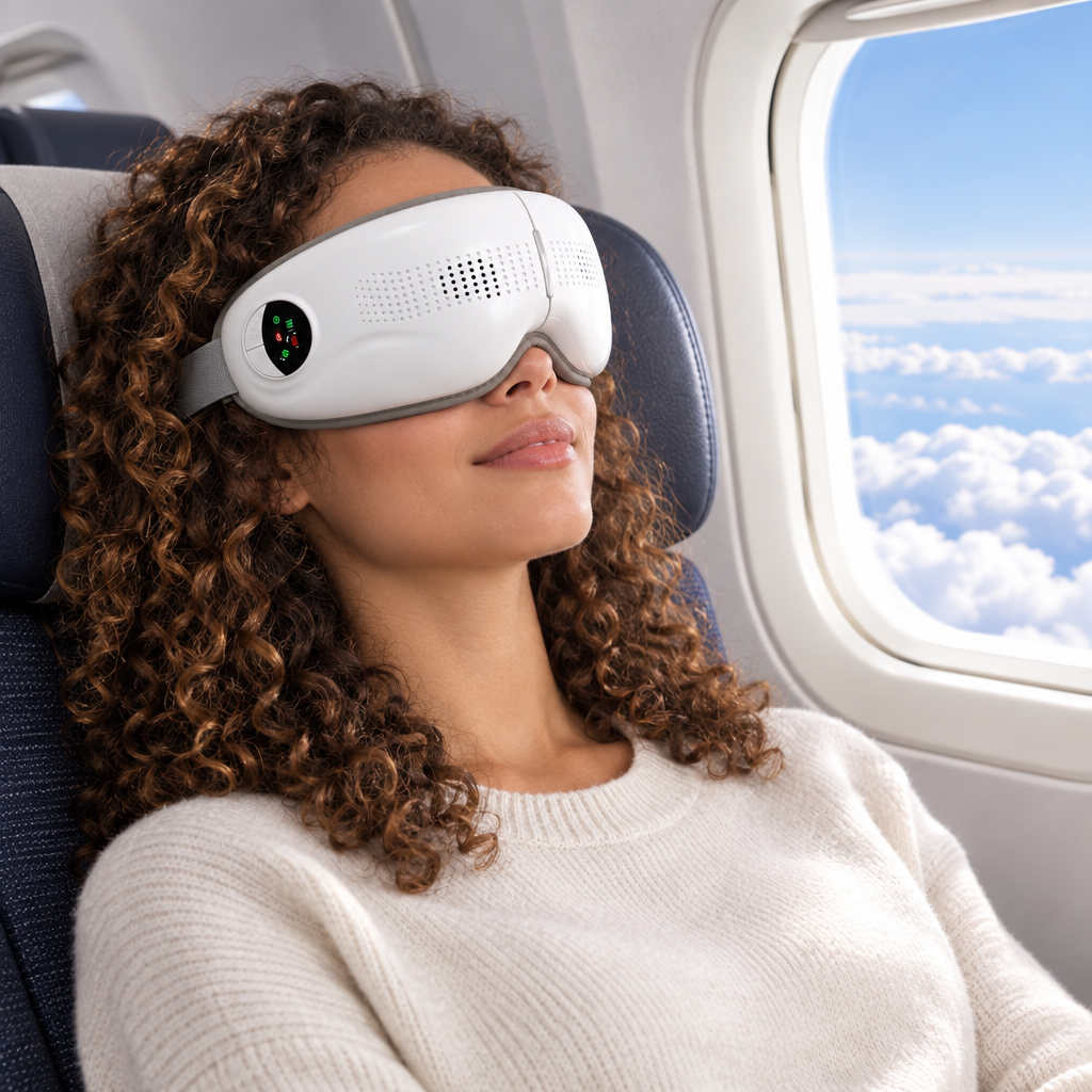 Nexora heated eye massager worn on a flight
