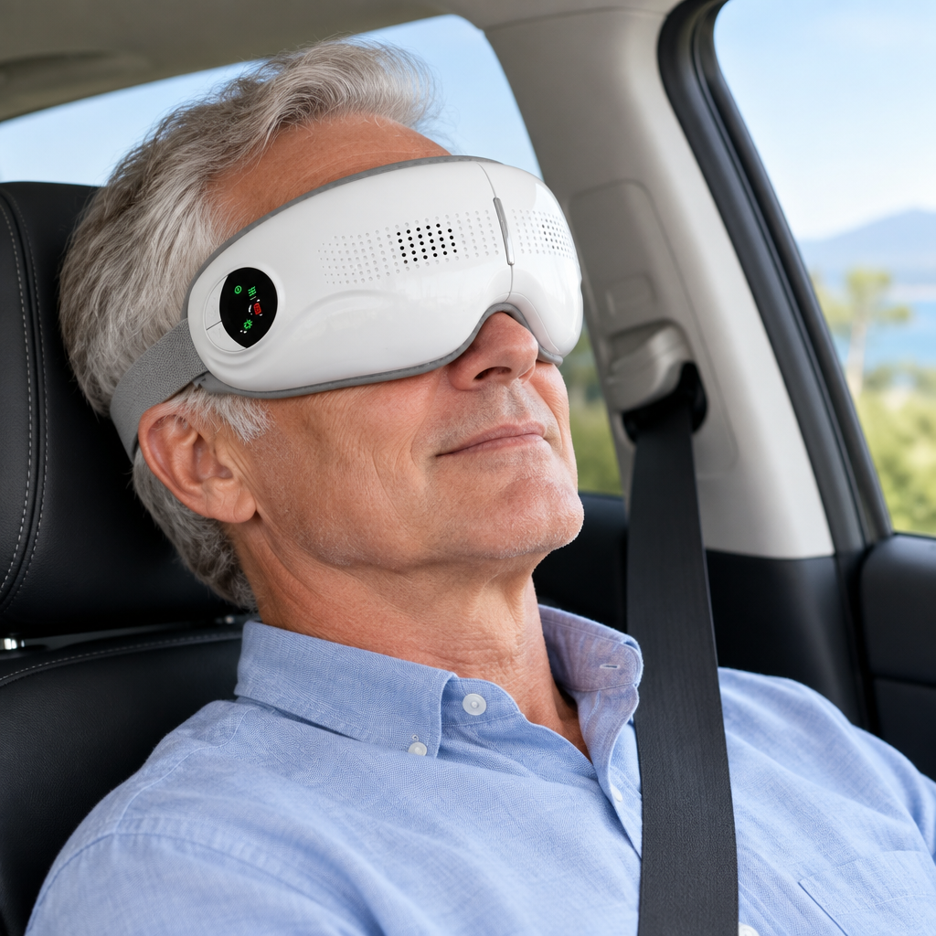 Man resting his eyes with the Nexora heated eye massager in a parked car