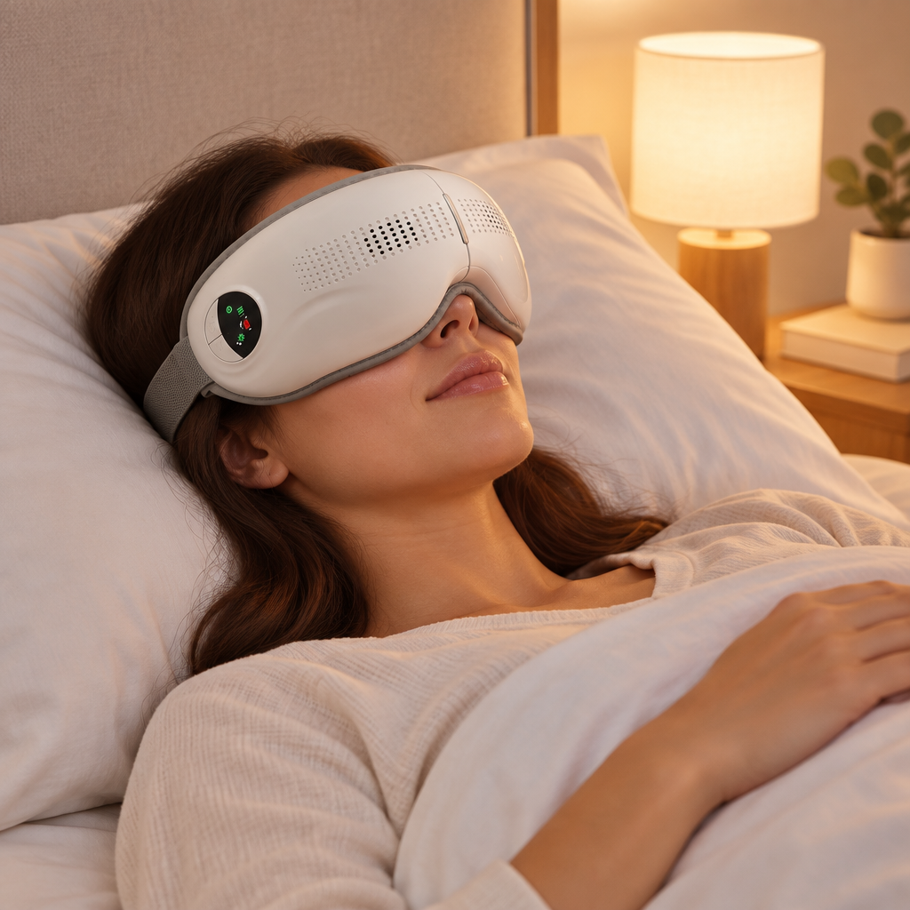 Person lying back on a pillow wearing the Nexora heated eye massager