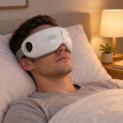 Man resting in bed wearing the Nexora heated eye massager