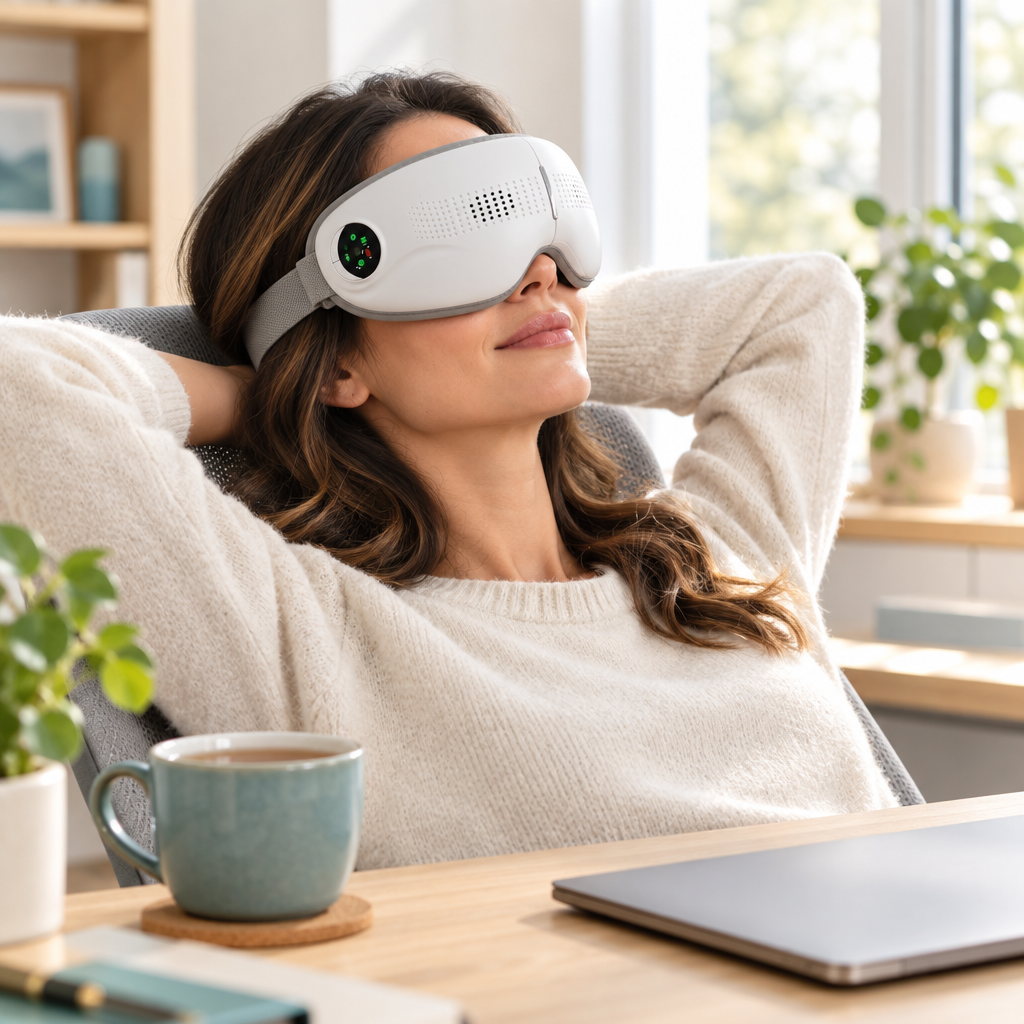 Woman leaning back in her desk chair on a break, wearing the Nexora heated eye massager