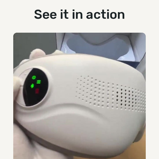 Video: the Nexora heated eye massager switched on, showing its heat, vibration and Bluetooth modes, with voice-over