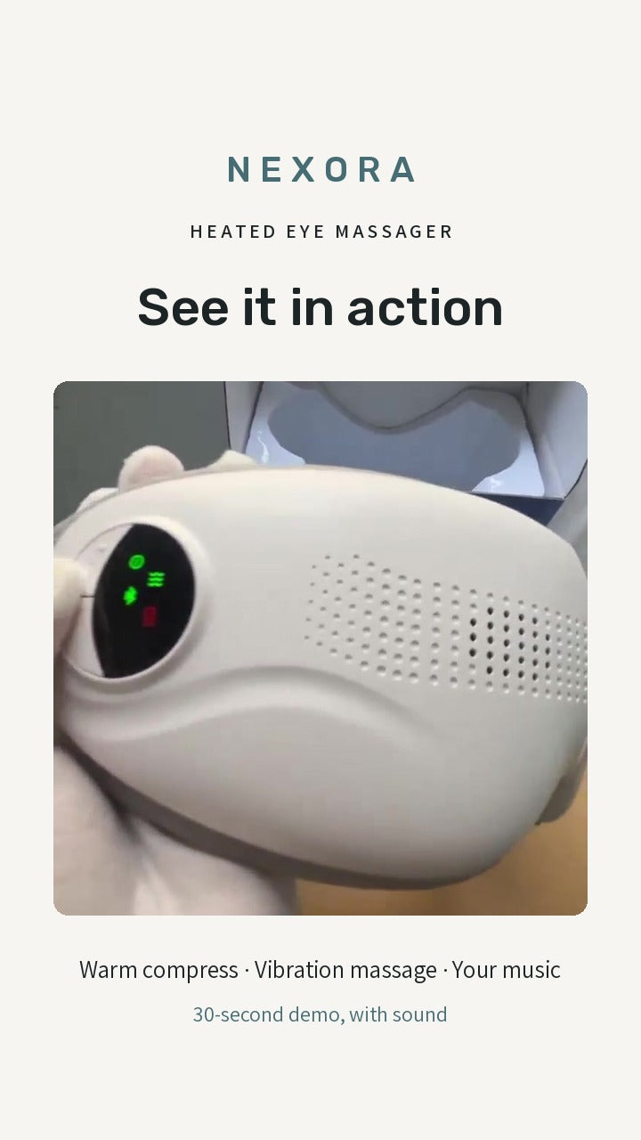 Video: the Nexora heated eye massager switched on, showing its heat, vibration and Bluetooth modes, with voice-over